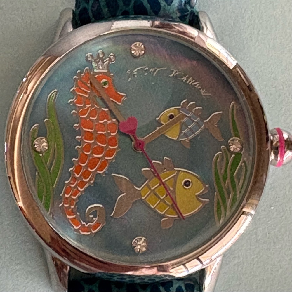 RARE Betsey Johnson Sealife Crystal Accented Teal Croc Leather Buckle Band Watch